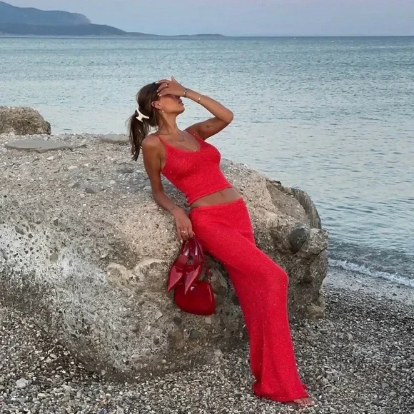 NWT ASTA RESORT Carolina Camisole in Rossa Sequin Knit Red Cherry Bold Cover Up - Picture 2 of 10